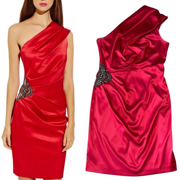 Eliza J Sheath Dress Satin One Shoulder Ruched Rhinestone - Picture 1 of 11